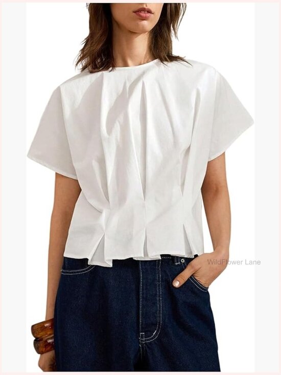 Tops - Pleated Ruffle Blouse Top Short Sleeve Dressy Crewneck Summer Shirt
